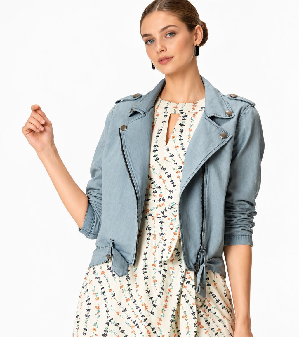 Women's Light Blue Denim Biker Jacket