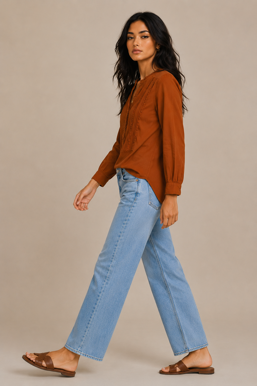 Women’s Rust Cotton Pintuck Button-Front Blouse
