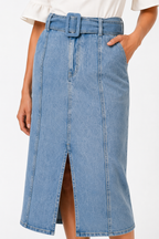 Belted Denim Midi Pencil Skirt