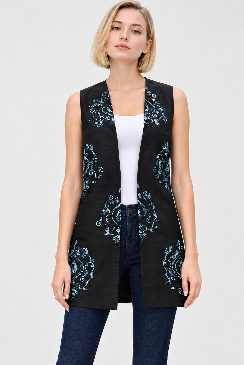 Women's Black Dupioni Embroidered Open Front Kimono Jacket with Blue Floral Detailing