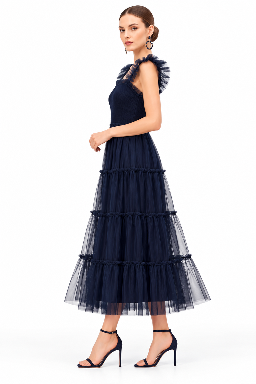 Women’s Navy Blue Sheer Tulle Tiered Maxi Dress with Ruffle Straps