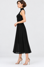 women’s black satin sleeveless high-neck pleated midi dress