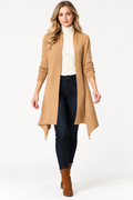 women's camel brown wool blend open-front longline cardigan with draped hem