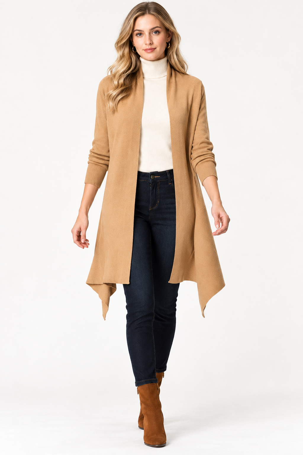 women's camel brown wool blend open-front longline cardigan with draped hem