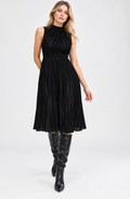 black satin high neck pleated midi dress