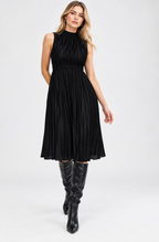 black satin high neck pleated midi dress