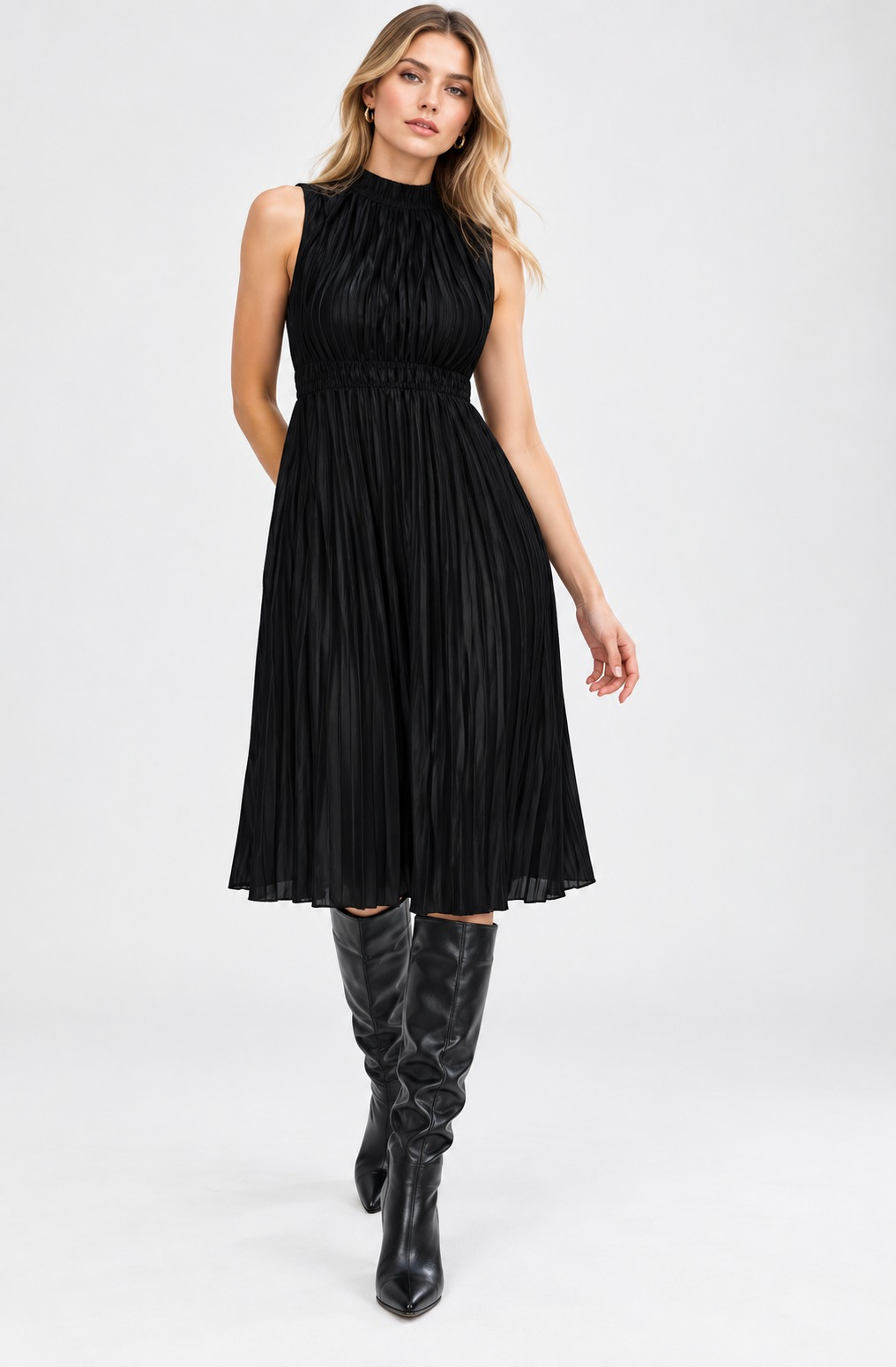 black satin high neck pleated midi dress