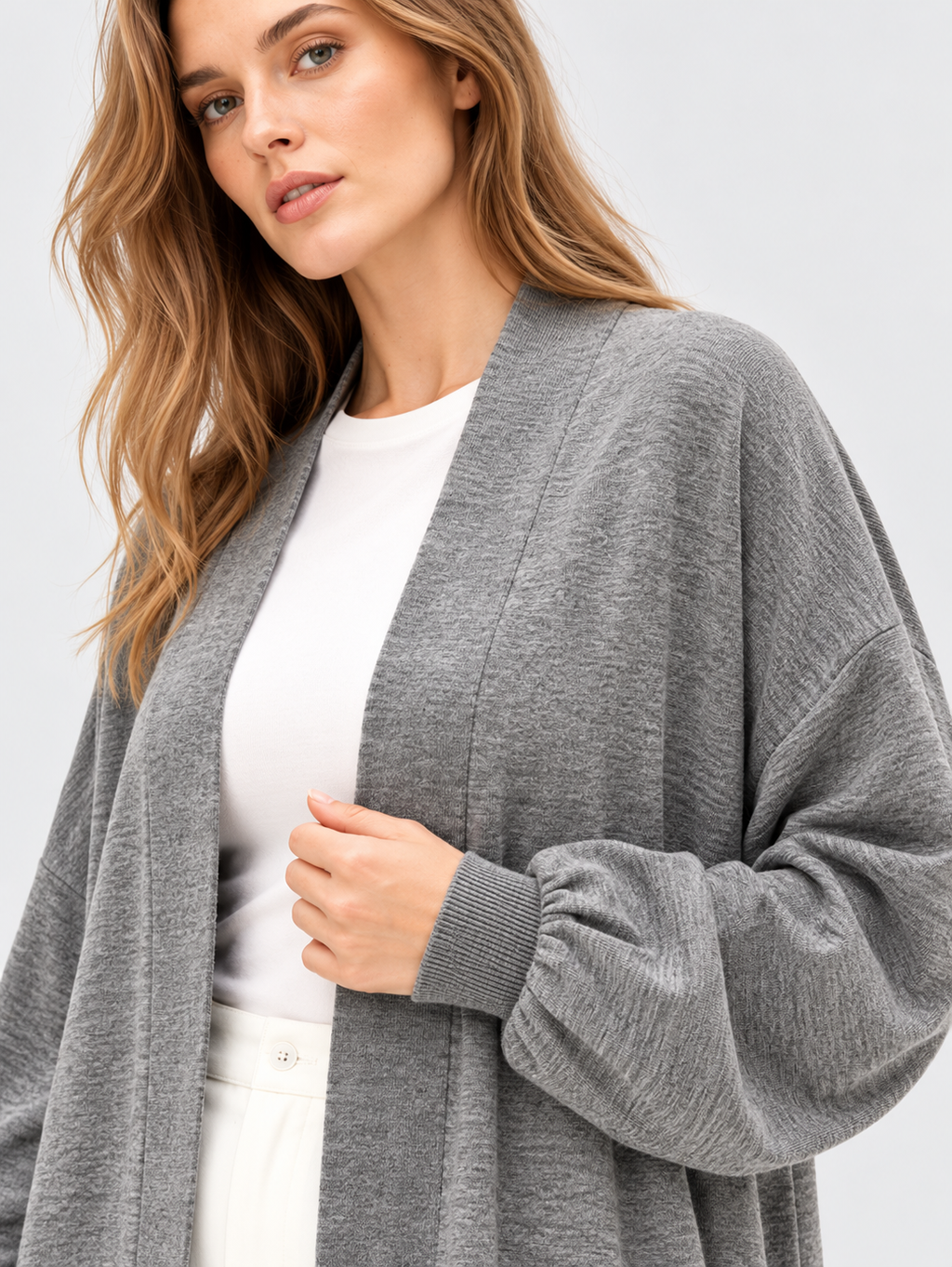 women's grey wool longline open front cardigan