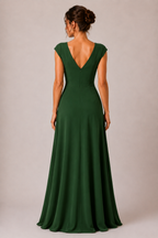 Dark Green Heavy Crepe Wrap-Style Maxi Dress with V-Neck and Ruffle Detail