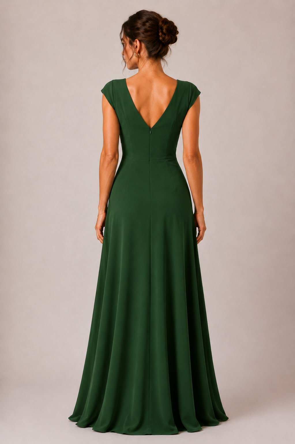 Dark Green Heavy Crepe Wrap-Style Maxi Dress with V-Neck and Ruffle Detail