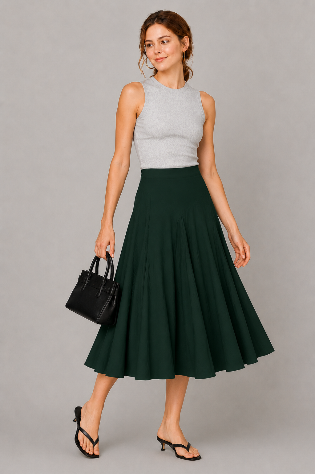 Cotton Poplin Full Flare Midi Skirt