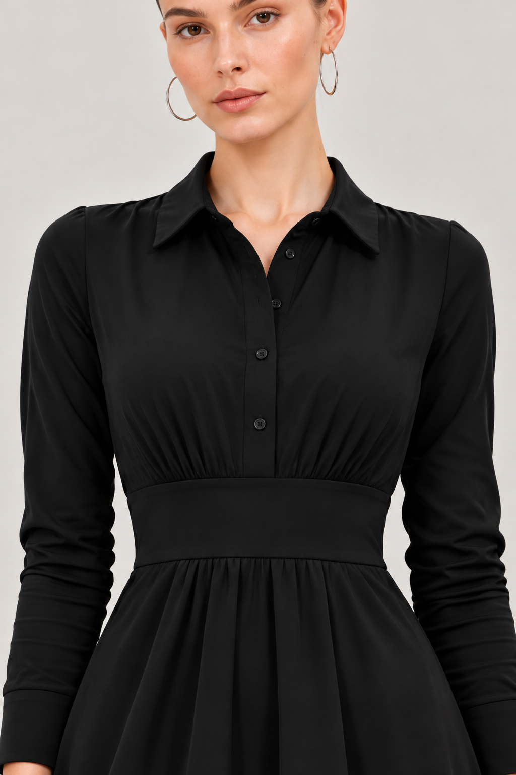 Women’s Black Jersey Collared Midi Dress with Ruched Waist & Flared Skirt
