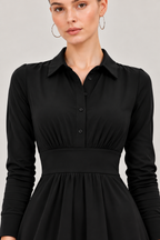 Women’s Black Jersey Collared Midi Dress with Ruched Waist & Flared Skirt