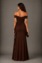 Chocolate Brown Crepe Off-Shoulder Draped Maxi Dress with Ruffle Detail