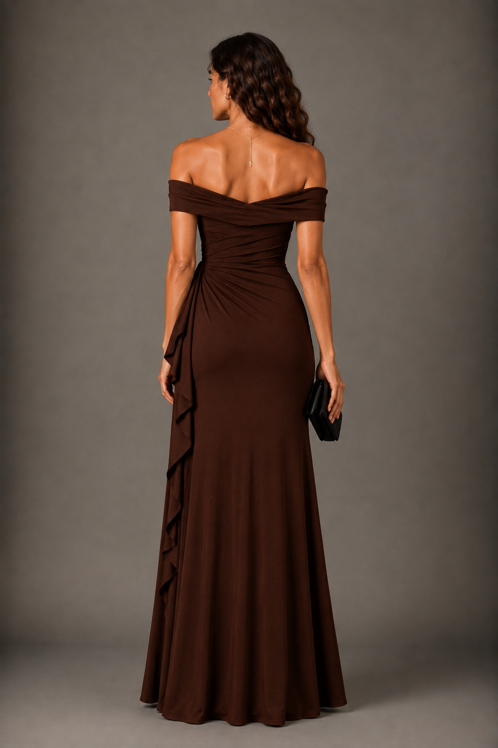 Chocolate Brown Crepe Off-Shoulder Draped Maxi Dress with Ruffle Detail