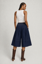 Navy Smocked-Waist Wide-Leg Culottes