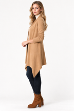 women's camel brown wool blend open-front longline cardigan with draped hem