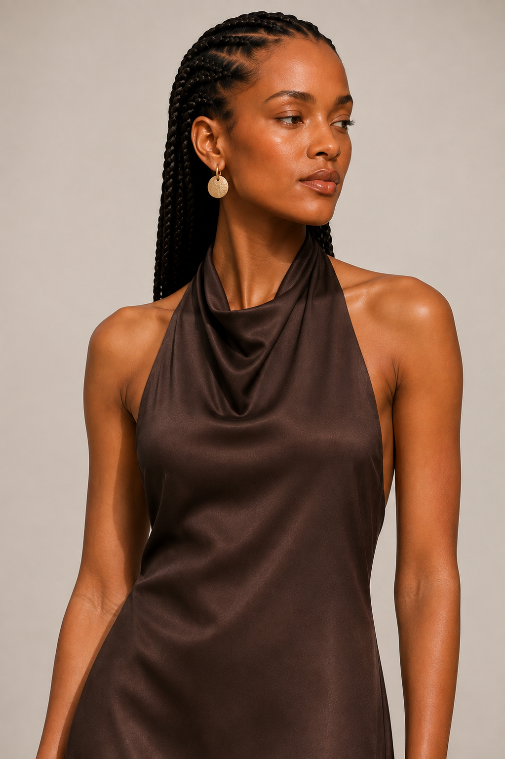 Chocolate Brown Viscose Halter Maxi Dress