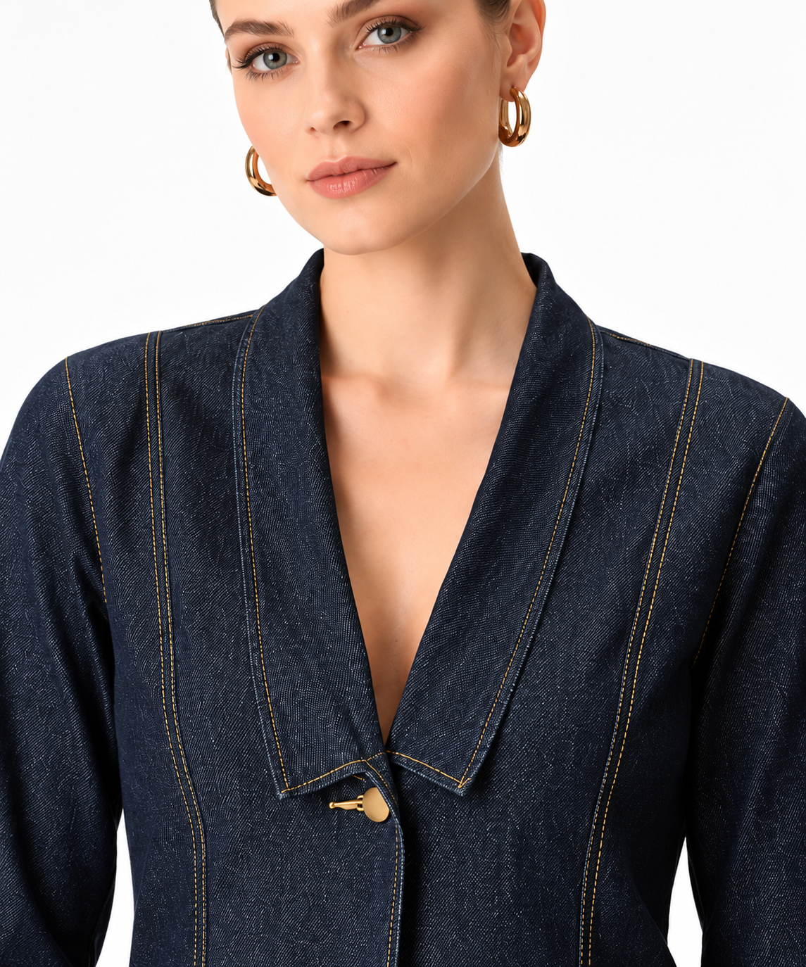 Women's Dark Blue Denim Blazer Jacket with Contrast Stitching & Shawl Lapel | Tailored Casual Jacket
