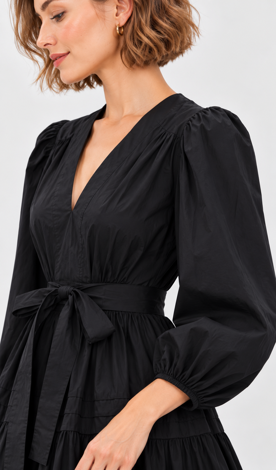 women’s black rayon crinkle V-neck tiered mini dress