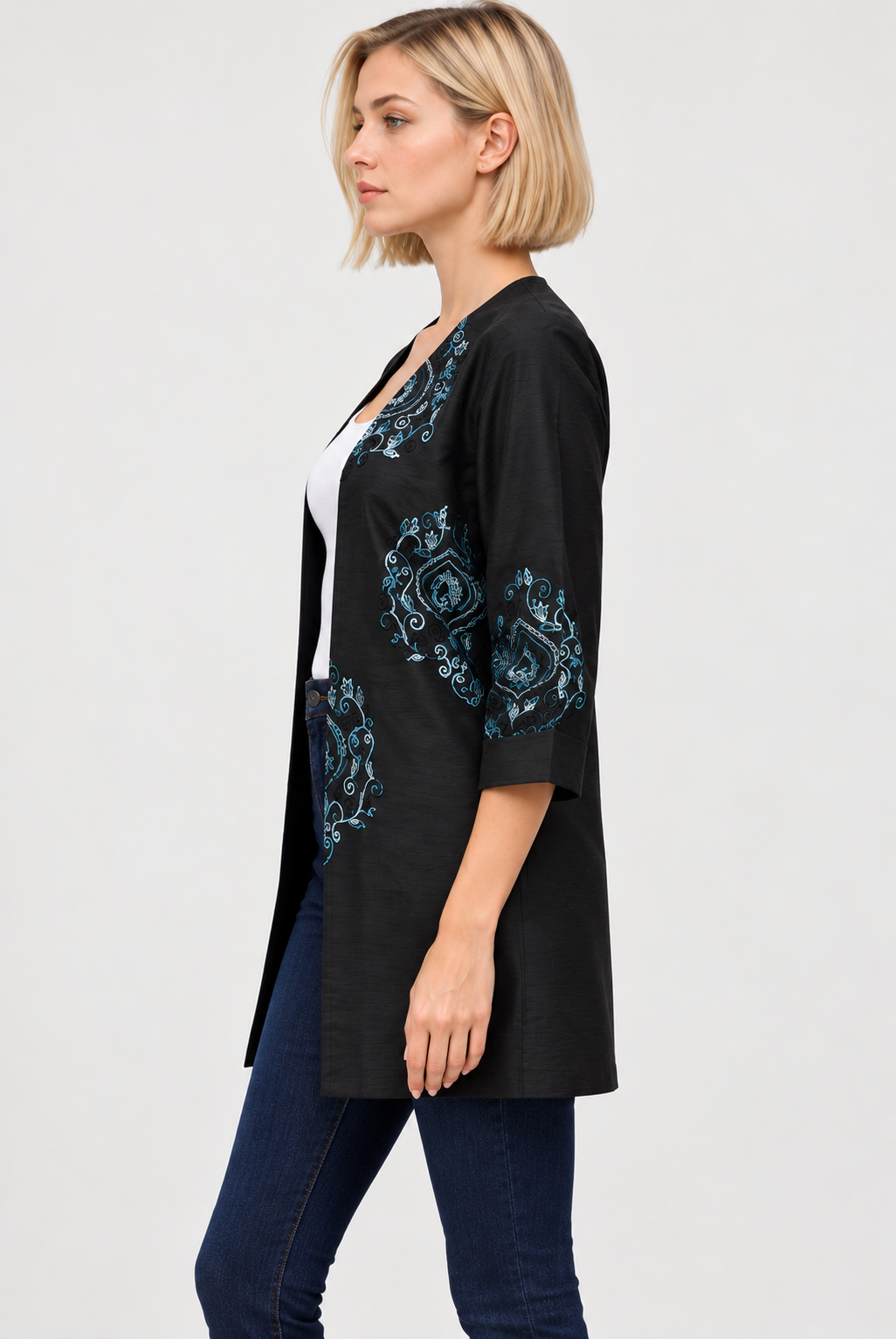 Women's Black Dupioni Embroidered Open Front Kimono Jacket with Blue Floral Detailing