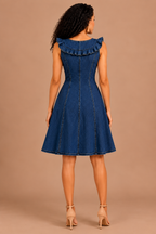 Indigo Denim Ruffle Fit & Flare Mini Dress