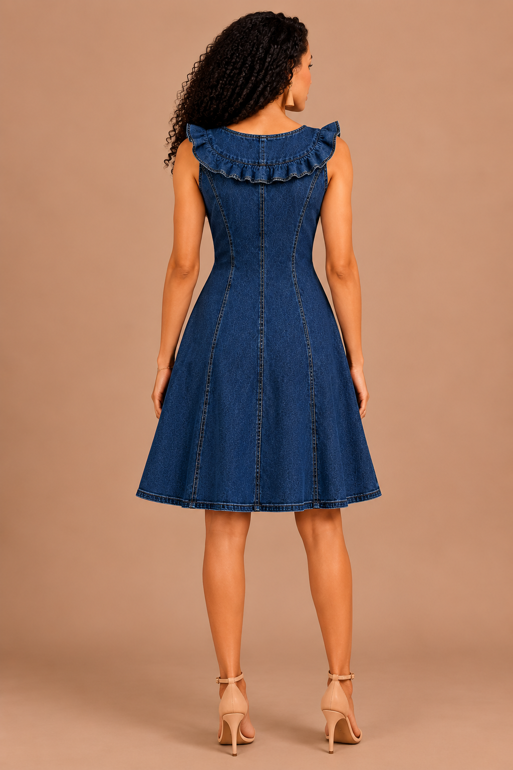 Indigo Denim Ruffle Fit & Flare Mini Dress