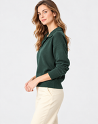 women's dark green jersey knit sweater with polo collar and ribbed cuffs