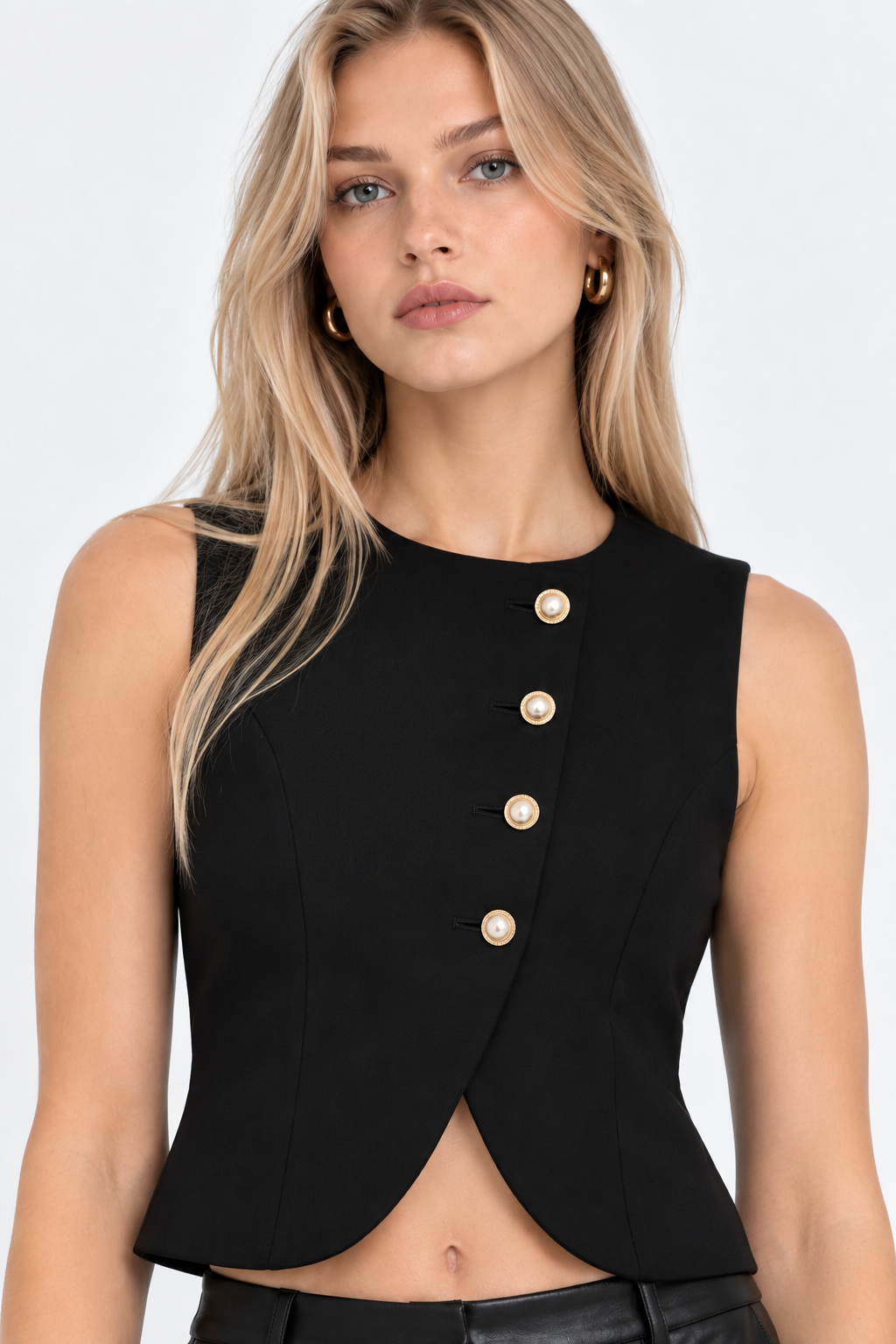Women’s Black Knit Sleeveless Button-Front Vest Top