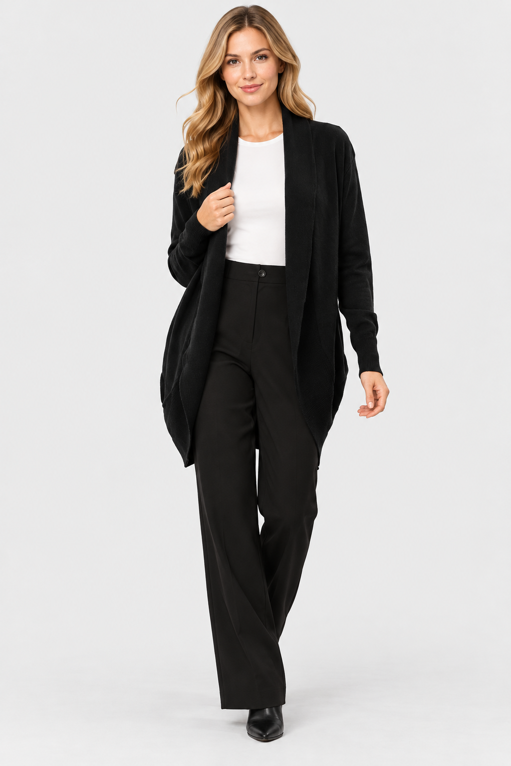 Women's Black Wool Knit Open-Front Longline Cardigan with Shawl Collar