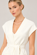 Women's Ivory White Twill Wrap Vest with Belted Waist and Wide-Leg Trousers Set