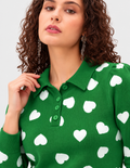 Women's Green Jacquard Knit Sweater with White Heart Print and Polo Collar