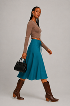 Teal Drawstring A-Line Midi Skirt