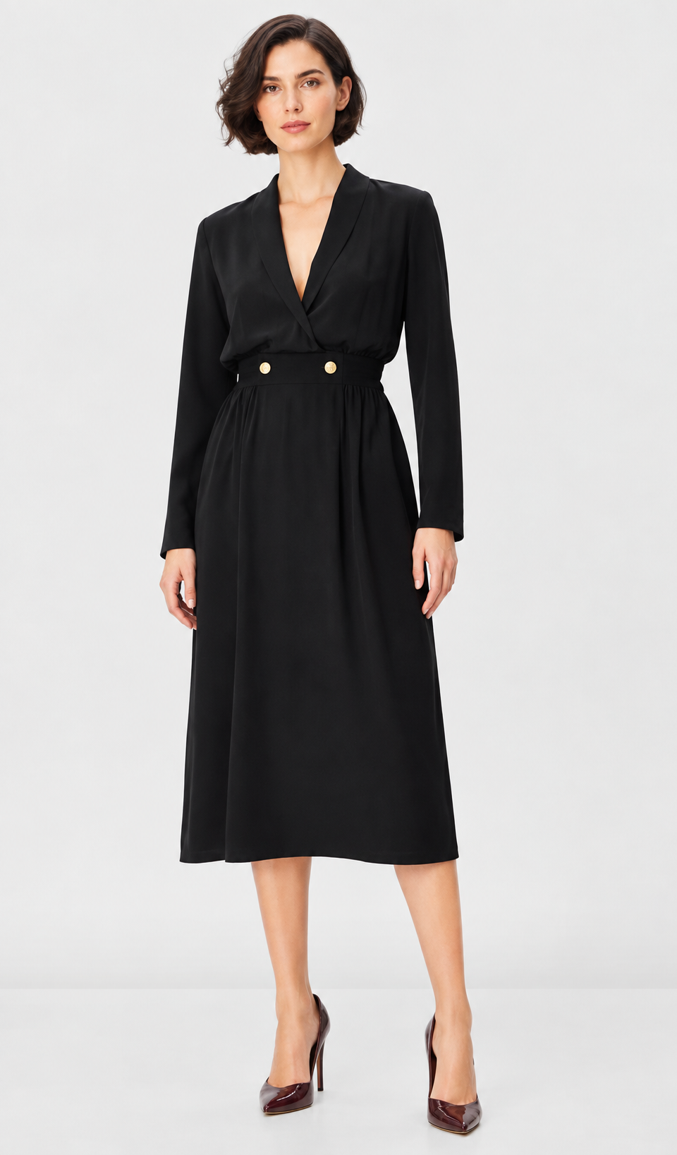 women’s black crepe wrap midi dress