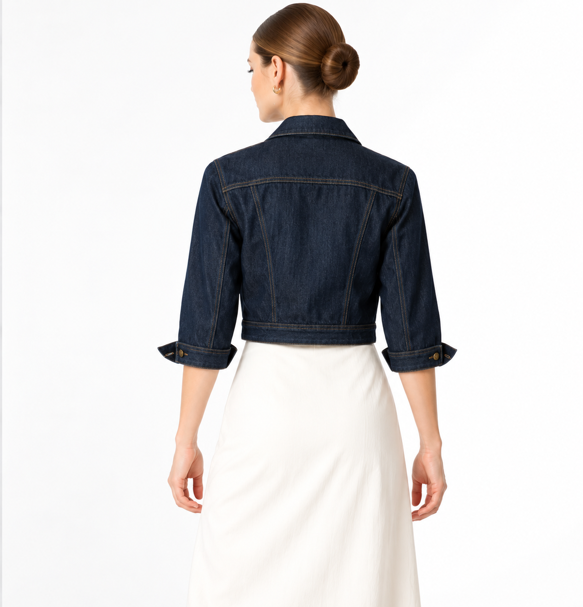 Women's Dark Blue Denim Cropped Jacket with Button Front and Turn-Up Sleeves