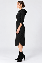 Women’s Black Cotton Jersey Hooded Midi Dress with Drawstring Waist