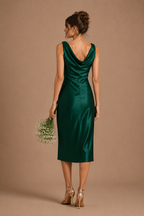 Emerald Satin Draped Midi Dress