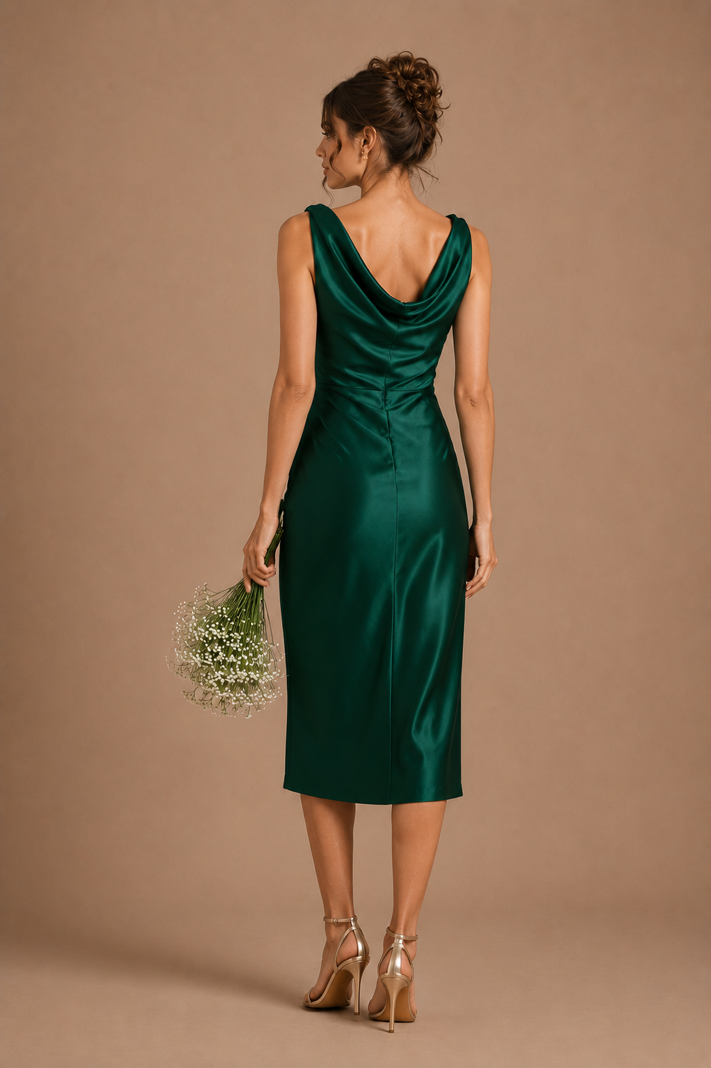 Emerald Satin Draped Midi Dress