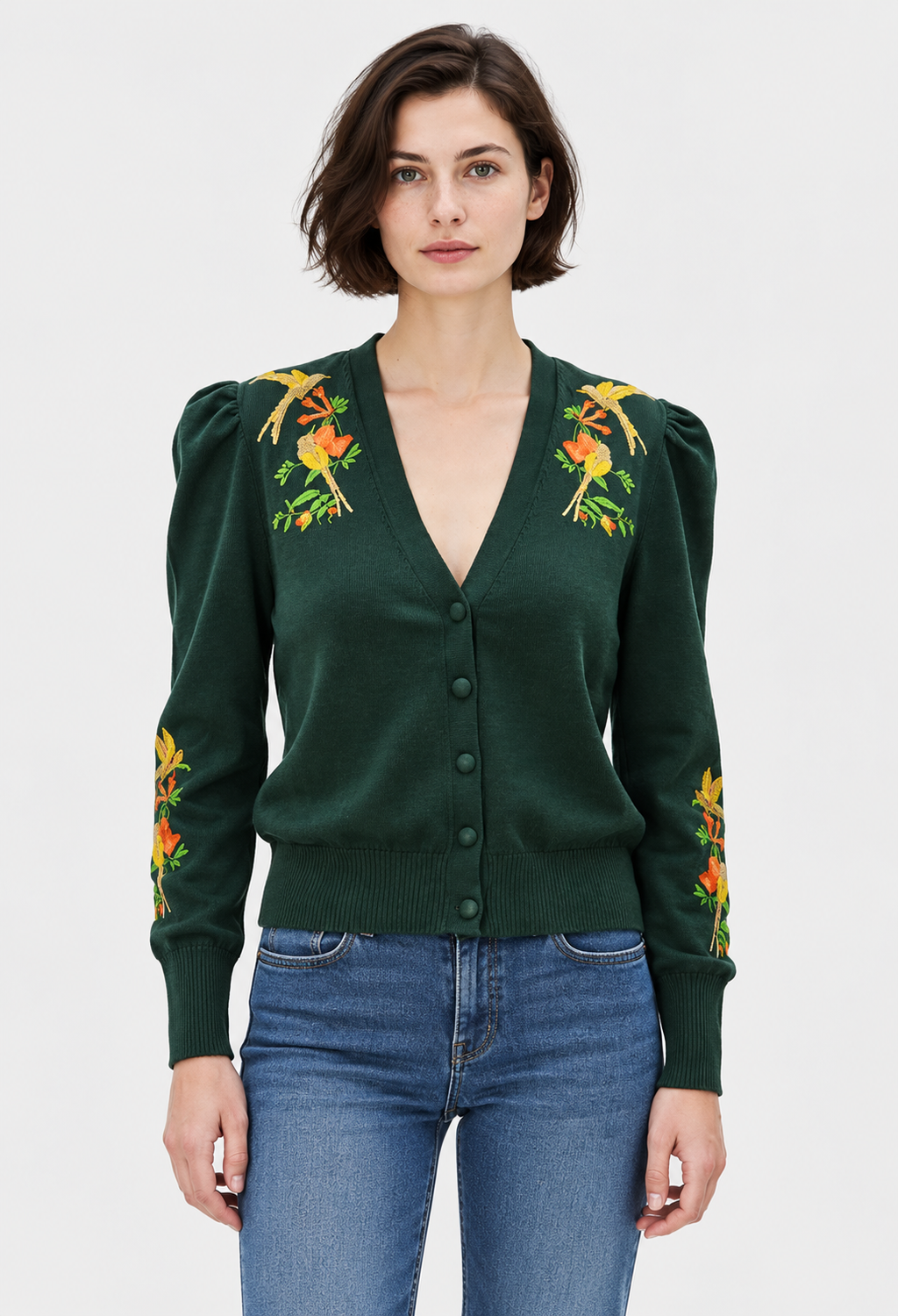 women's dark green embroidered cotton knit cardigan with puff sleeves