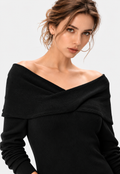 women's black wool blend rib knit off shoulder midi dress