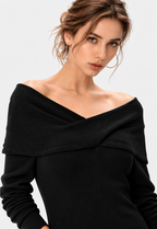 women's black wool blend rib knit off shoulder midi dress