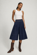 Navy Smocked-Waist Wide-Leg Culottes