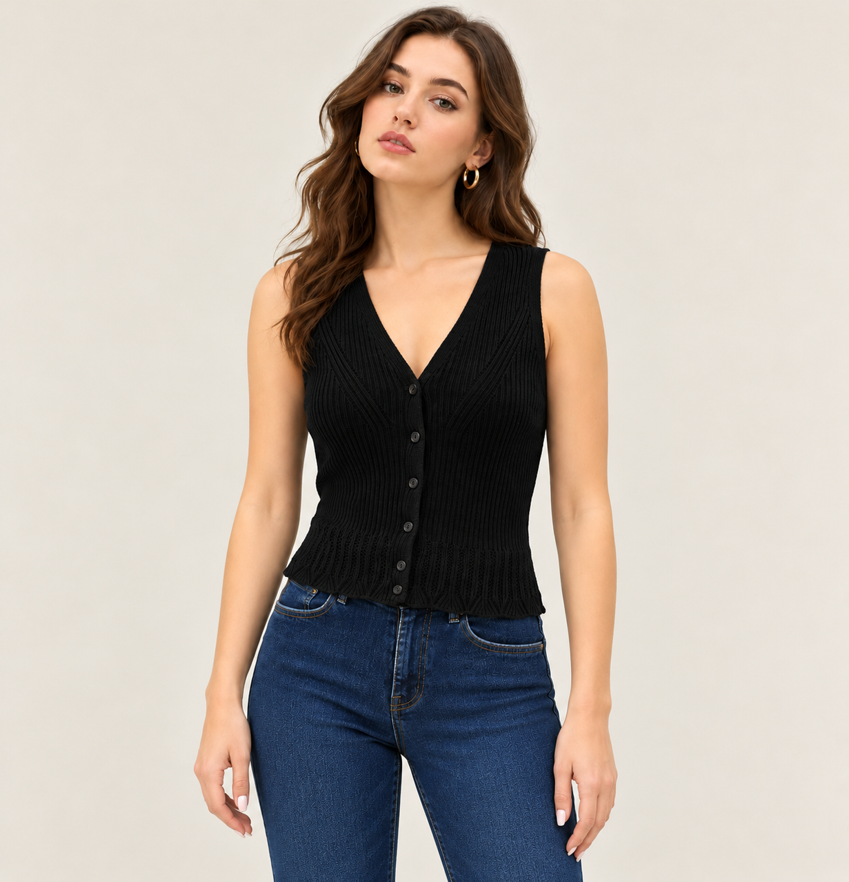 Women's Black Cotton Knit Cardigan with Puff Sleeves and Button Front