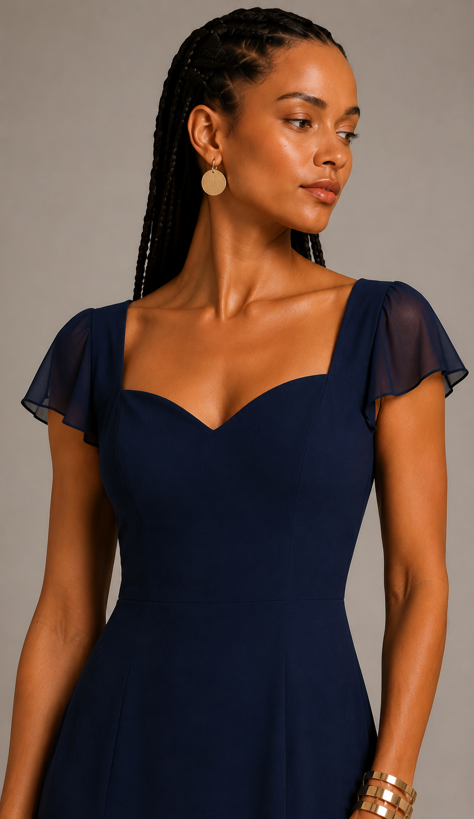 Navy blue polyester crepe maxi dress with sweetheart neckline, flutter sleeves, fitted bodice, and flowing floor-length A-line skirt worn by a female fashion model.
