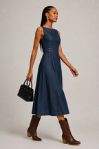 Indigo Denim Look Sleeveless Midi Dress