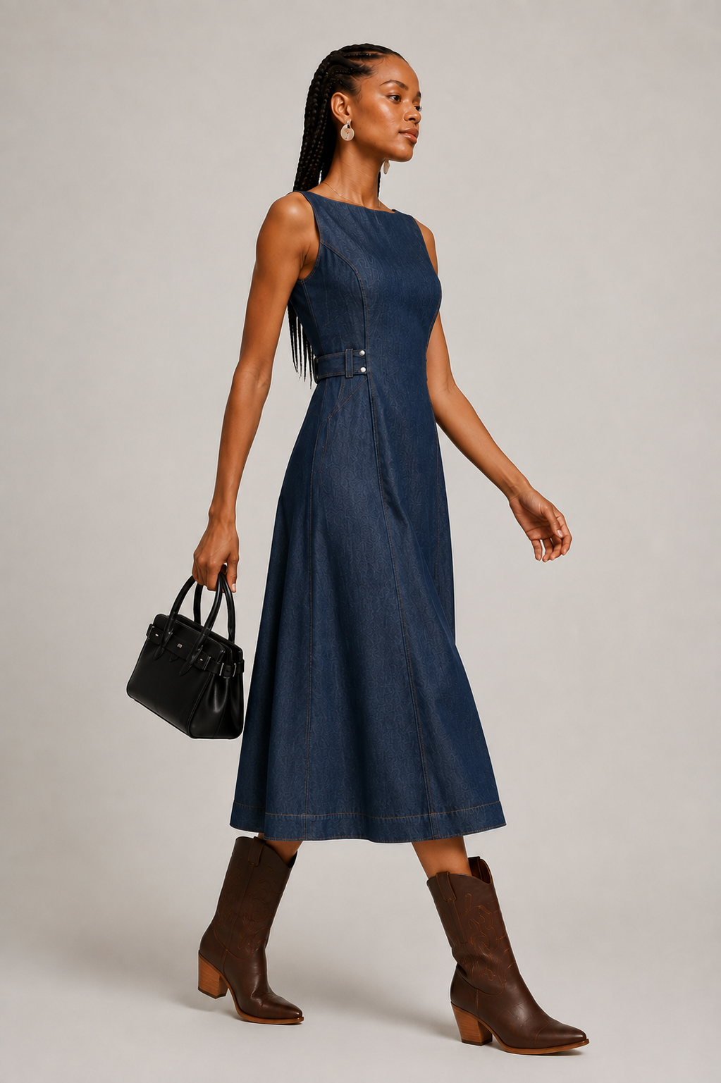 Indigo Denim Look Sleeveless Midi Dress