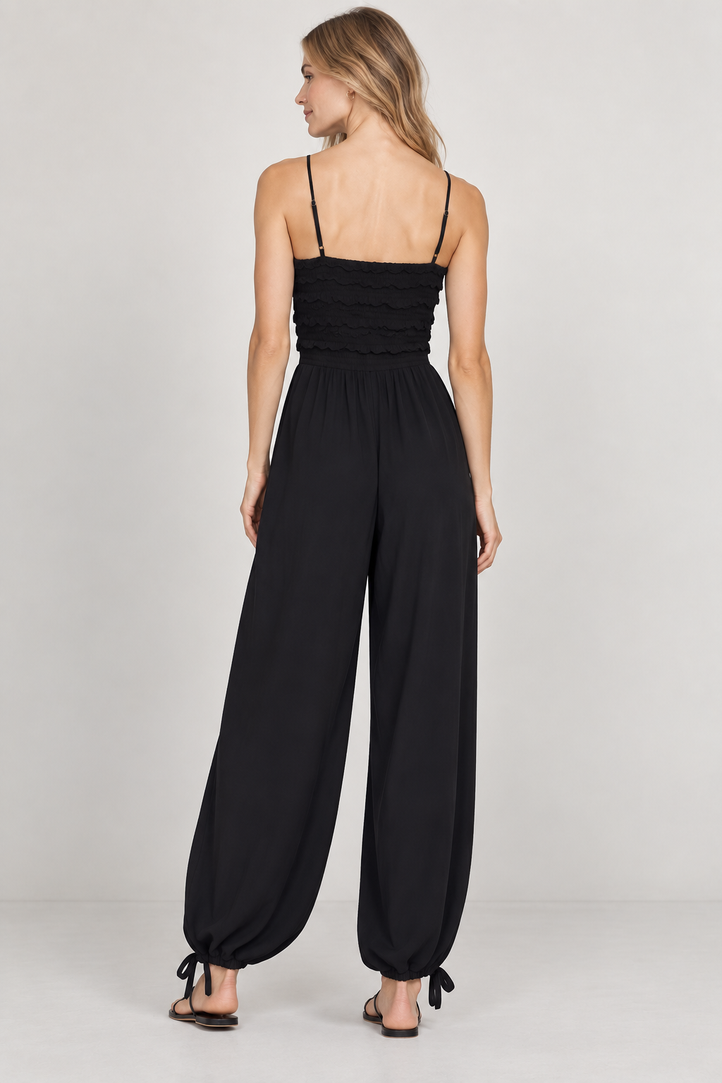 Women’s Black Viscose Ruffle Detail Wide-Leg Jumpsuit