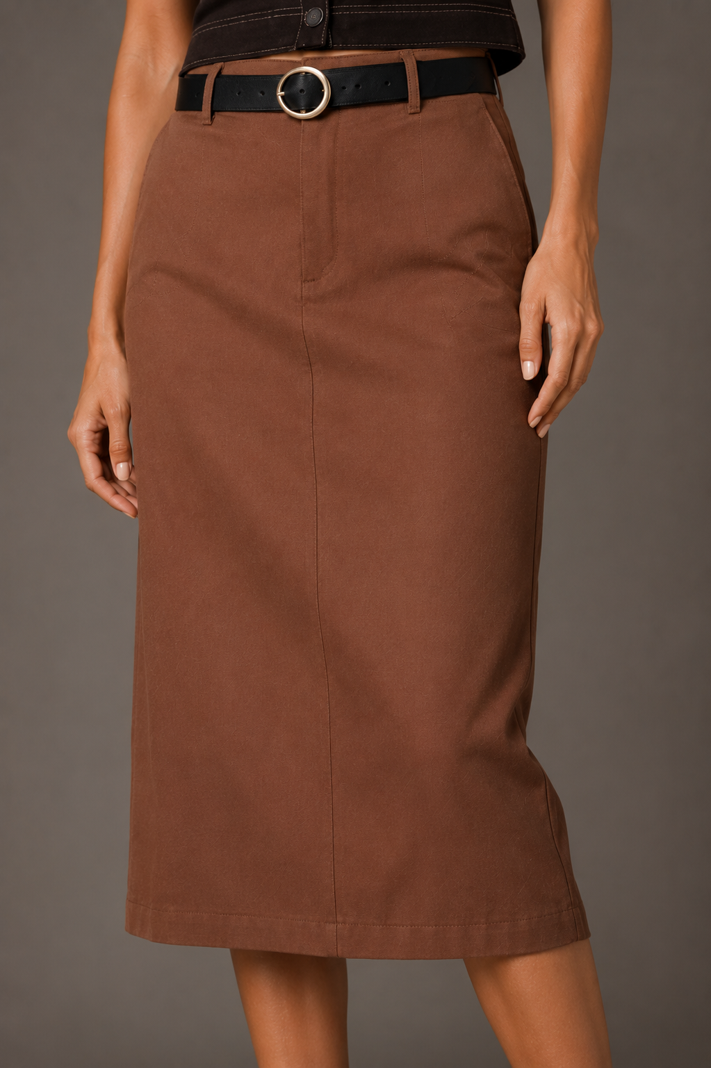 Brown Straight Midi Skirt