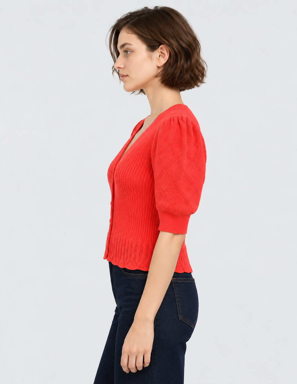 women's coral red cotton knit cardigan with puff sleeves and button-front closure