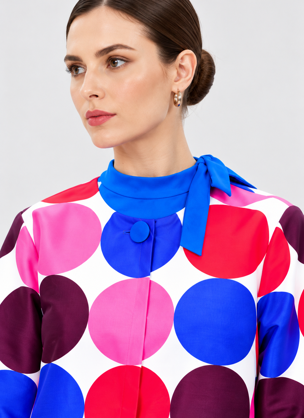Women's Multicolor Polka Dot Dupioni Silk Coat Dress with Blue Bow Collar